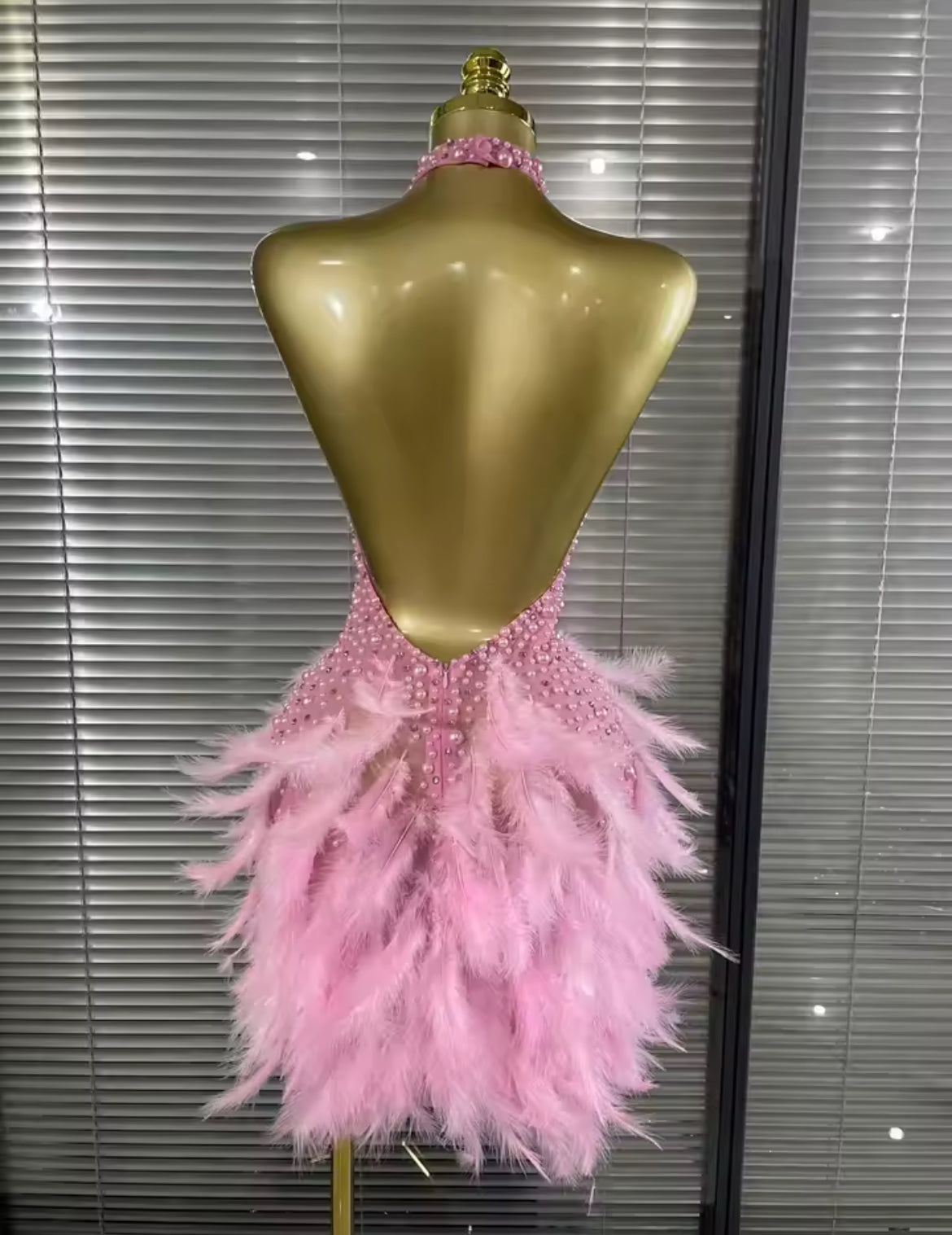 ‘JALOUX’ Pink Pearl Feather Mini Dress