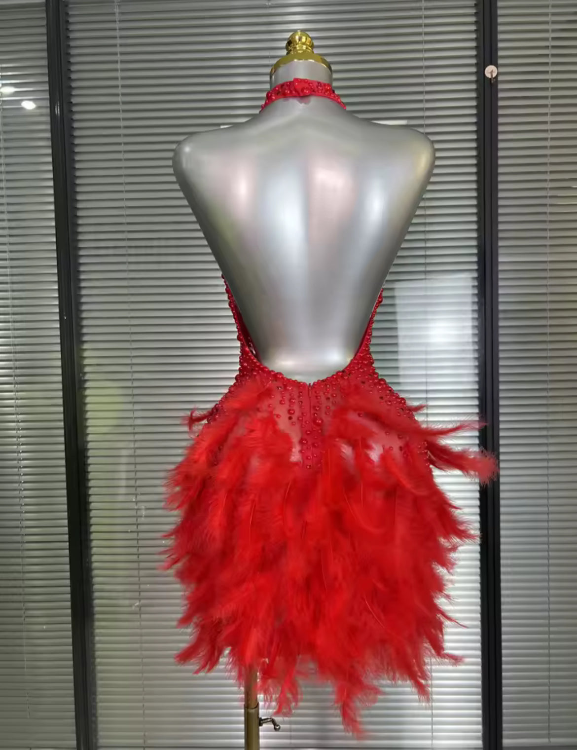 ‘JALOUX’ Red Pearl Feather Mini Dress