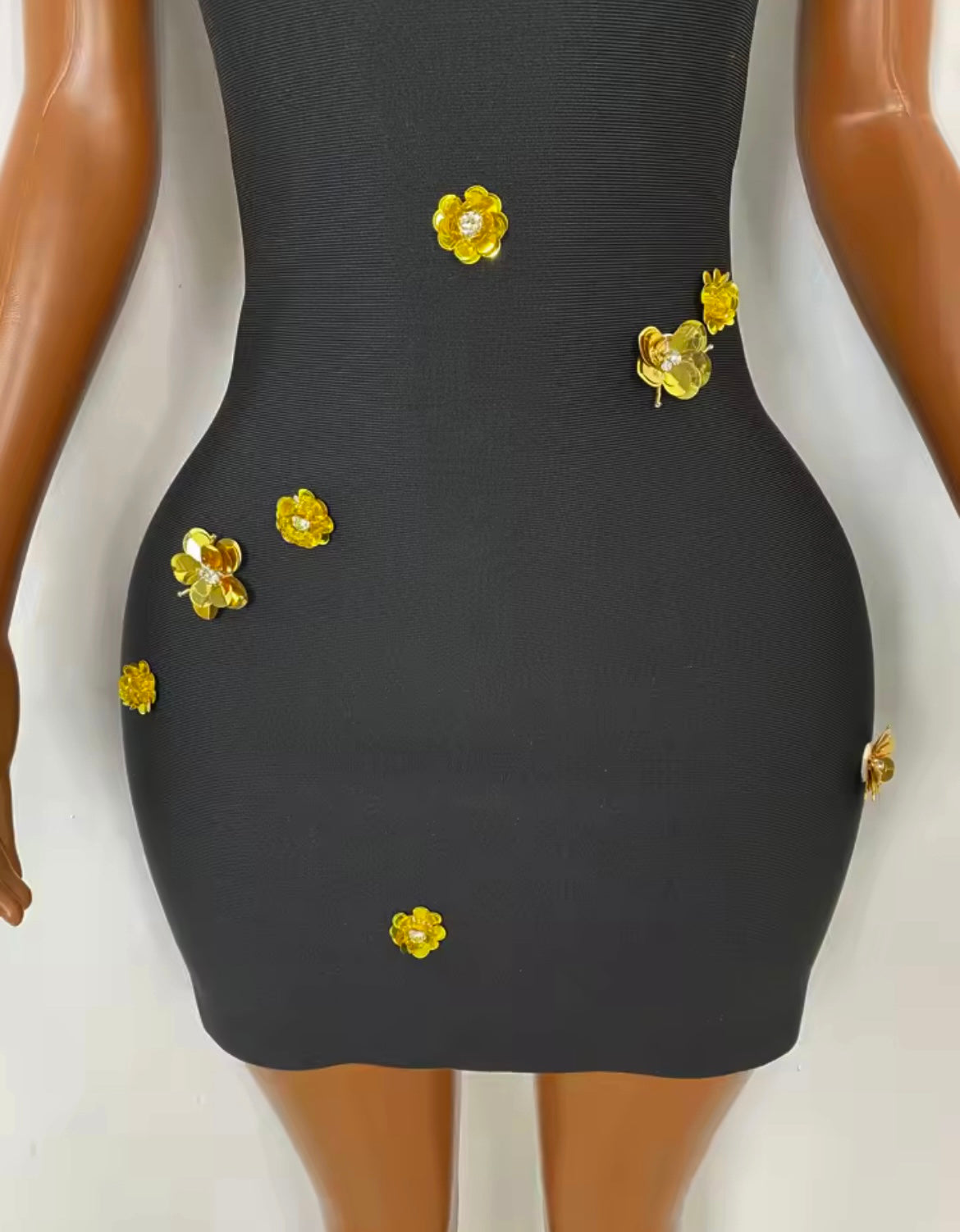 ‘AURELIA’ Black Bandage Gold Flower Mini Dress