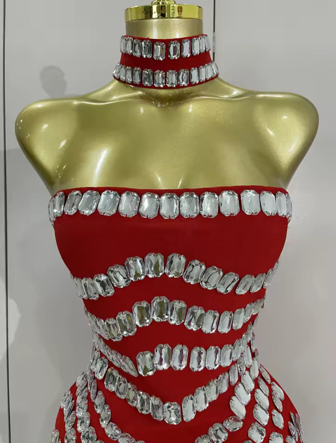 ‘ROMILEE’ Red Diamanté Bandage Mini Dress