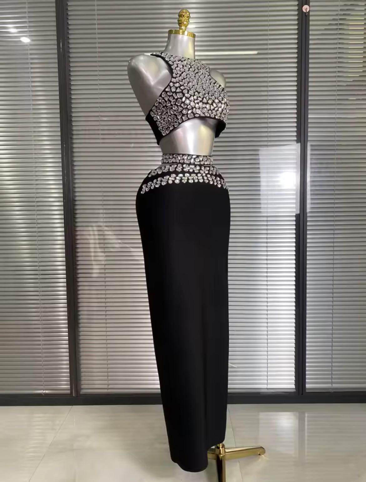 ‘BELLISIMA’ Black Diamanté Cut Out Maxi Dress