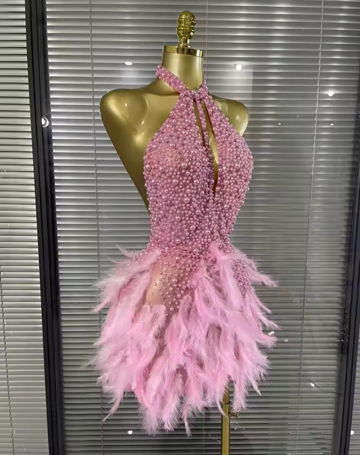 ‘JALOUX’ Pink Pearl Feather Mini Dress