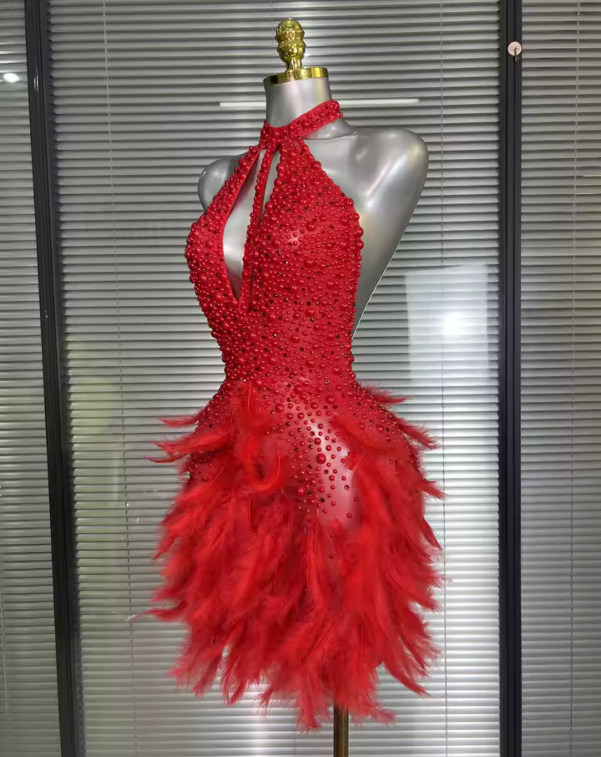 ‘JALOUX’ Red Pearl Feather Mini Dress