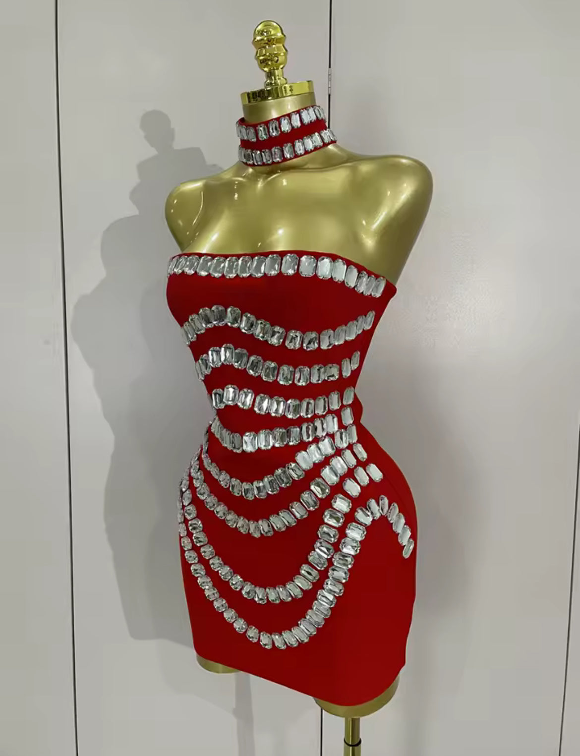 ‘ROMILEE’ Red Diamanté Bandage Mini Dress