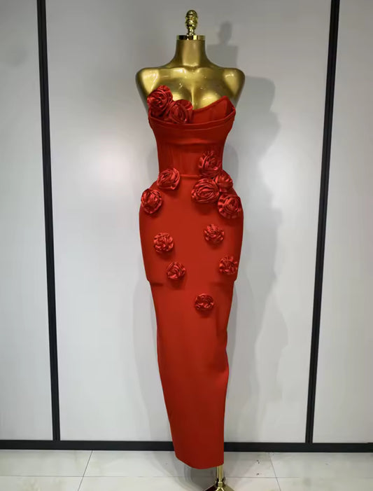 ‘RENDALL’ Red Rose Corset Maxi Dress