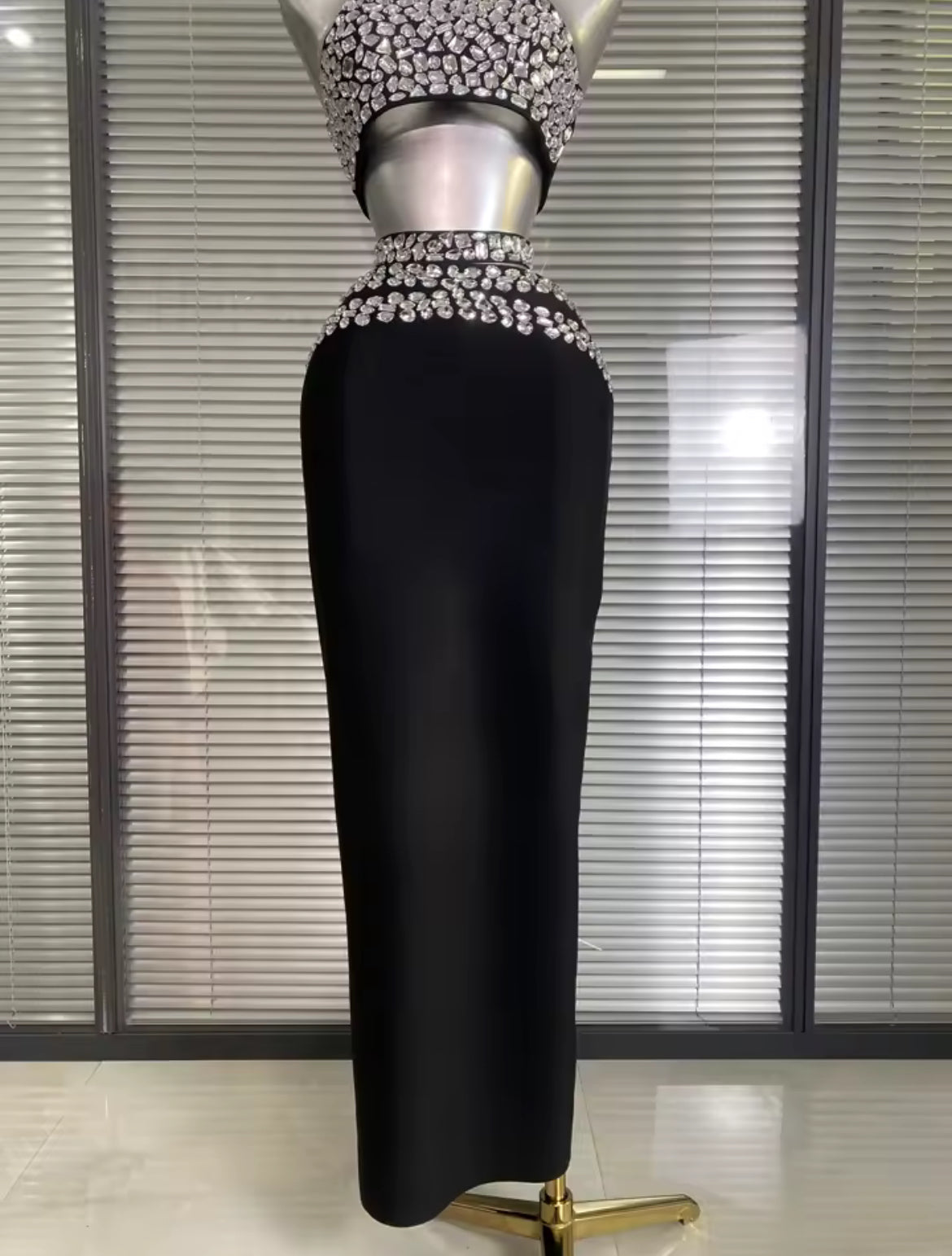 ‘BELLISIMA’ Black Diamanté Cut Out Maxi Dress