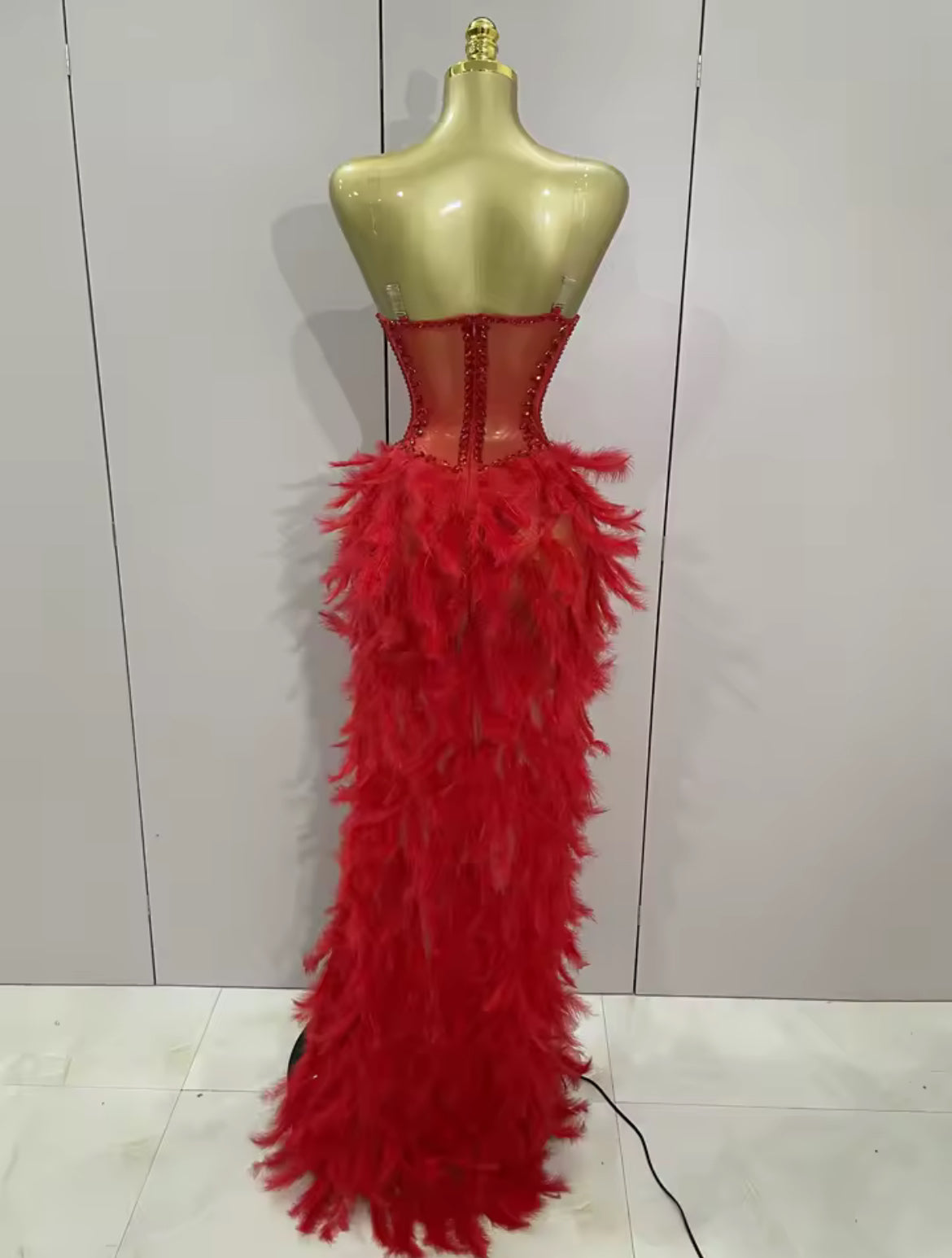 ‘ROMEE’ Red Diamanté Feather Maxi Dress