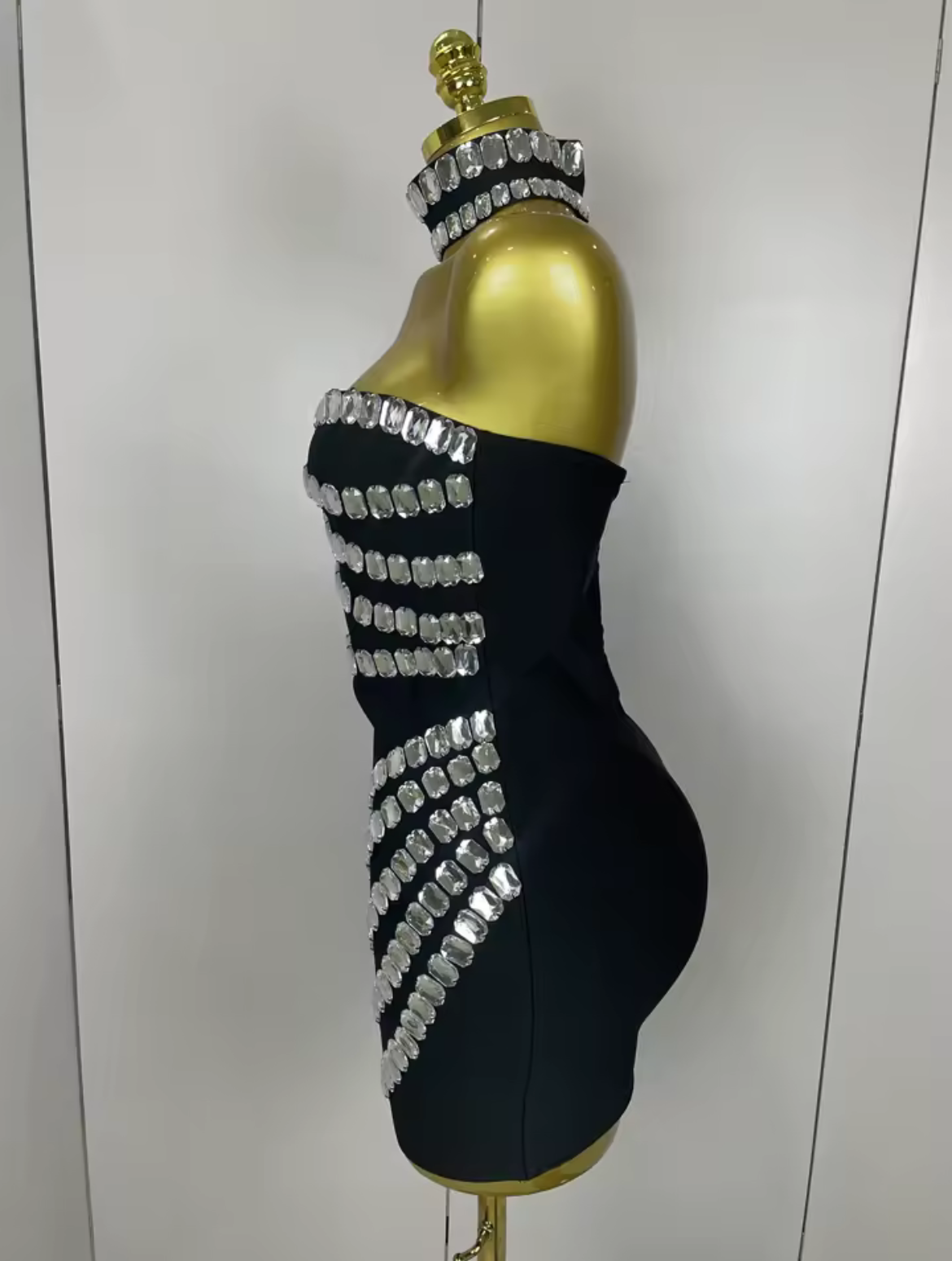 ‘ROMILEE’ Black Diamanté Bandage Mini Dress
