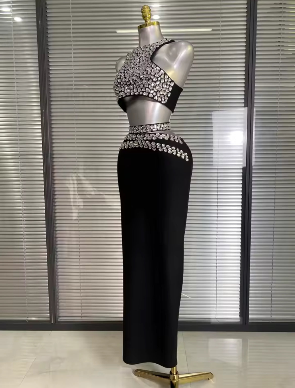 ‘BELLISIMA’ Black Diamanté Cut Out Maxi Dress