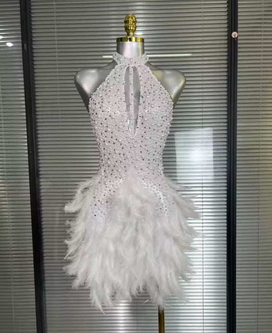 ‘JALOUX’ White Pearl Feather Mini Dress