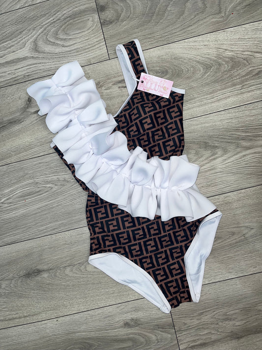 Brown White Ruffle F Swimsuit