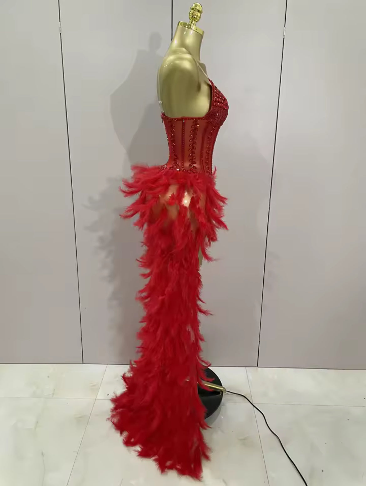 ‘ROMEE’ Red Diamanté Feather Maxi Dress