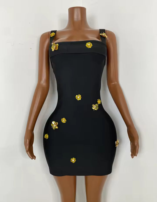 ‘AURELIA’ Black Bandage Gold Flower Mini Dress