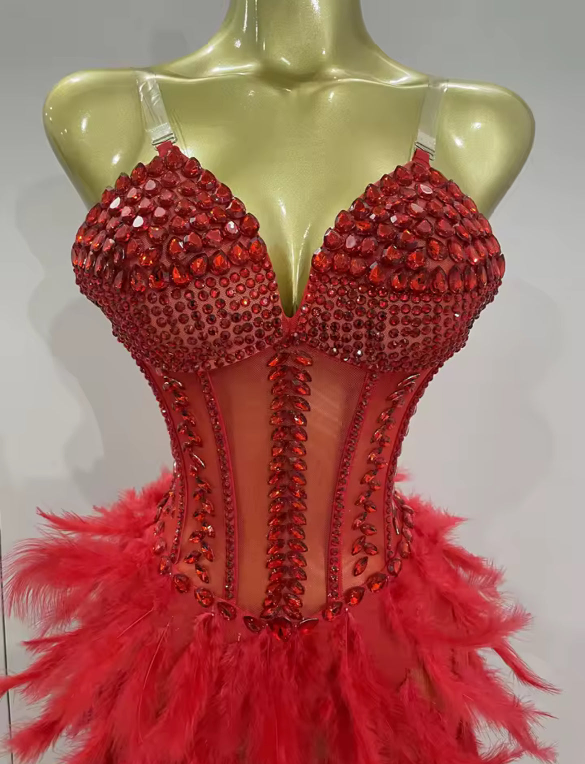 ‘ROMEE’ Red Diamanté Feather Maxi Dress