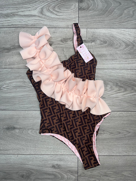 Brown Pink Ruffle F Swimsuit