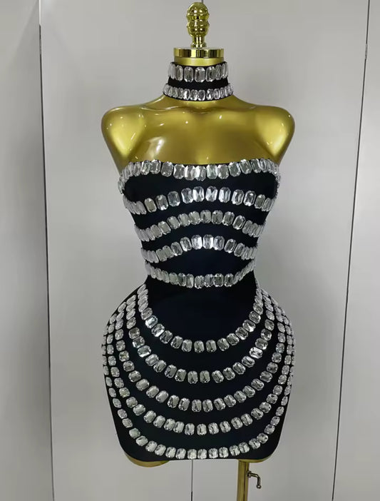 ‘ROMILEE’ Black Diamanté Bandage Mini Dress