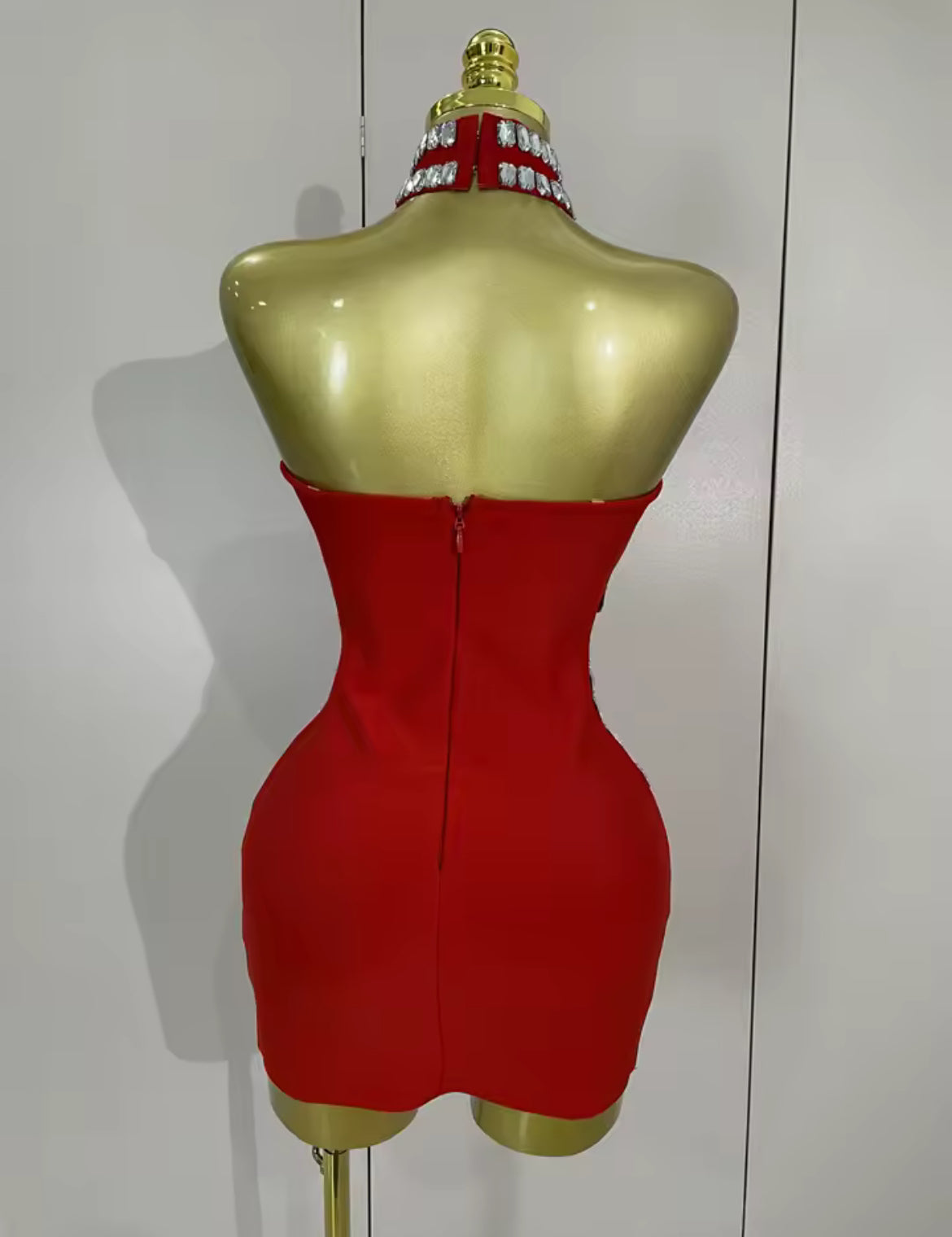 ‘ROMILEE’ Red Diamanté Bandage Mini Dress