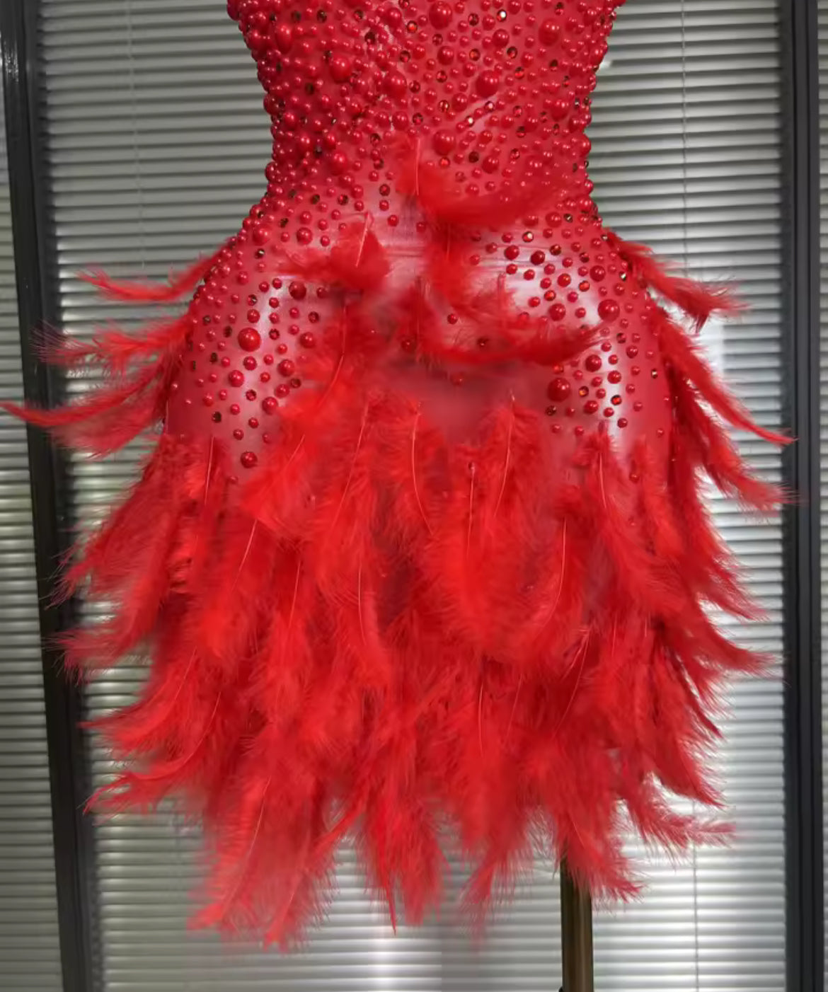 ‘JALOUX’ Red Pearl Feather Mini Dress