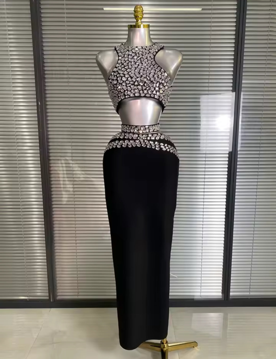 ‘BELLISIMA’ Black Diamanté Cut Out Maxi Dress