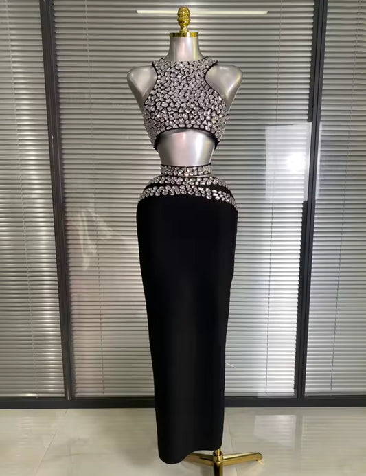‘BELLISIMA’ Black Diamanté Cut Out Maxi Dress