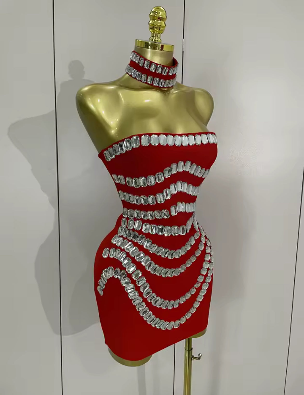 ‘ROMILEE’ Red Diamanté Bandage Mini Dress