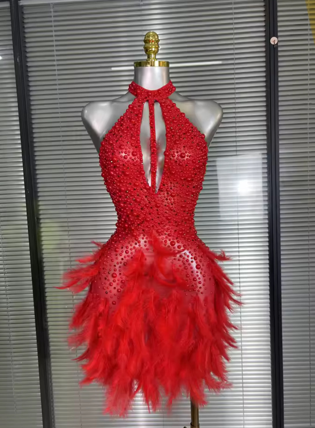 ‘JALOUX’ Red Pearl Feather Mini Dress