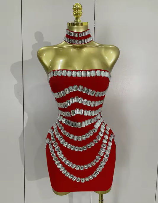 ‘ROMILEE’ Red Diamanté Bandage Mini Dress