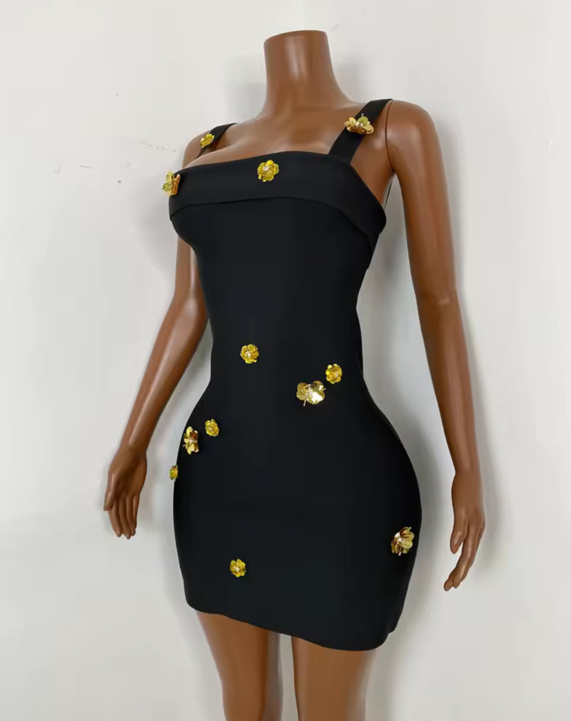‘AURELIA’ Black Bandage Gold Flower Mini Dress