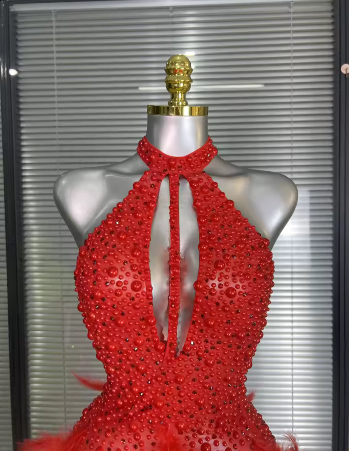 ‘JALOUX’ Red Pearl Feather Mini Dress