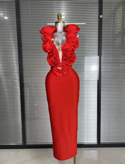 ‘AUDREY’ Red Rose Maxi Dress