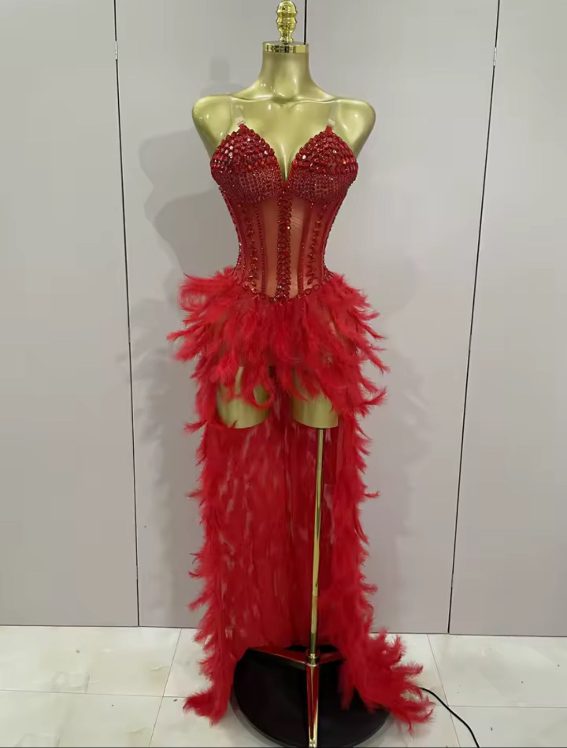 ‘ROMEE’ Red Diamanté Feather Maxi Dress