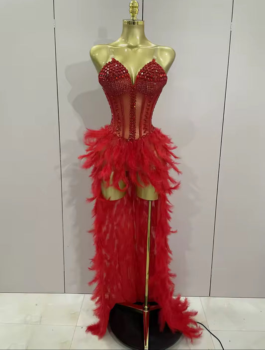 ‘ROMEE’ Red Diamanté Feather Maxi Dress