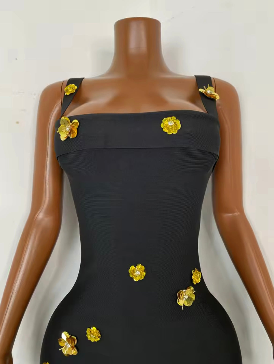 ‘AURELIA’ Black Bandage Gold Flower Mini Dress