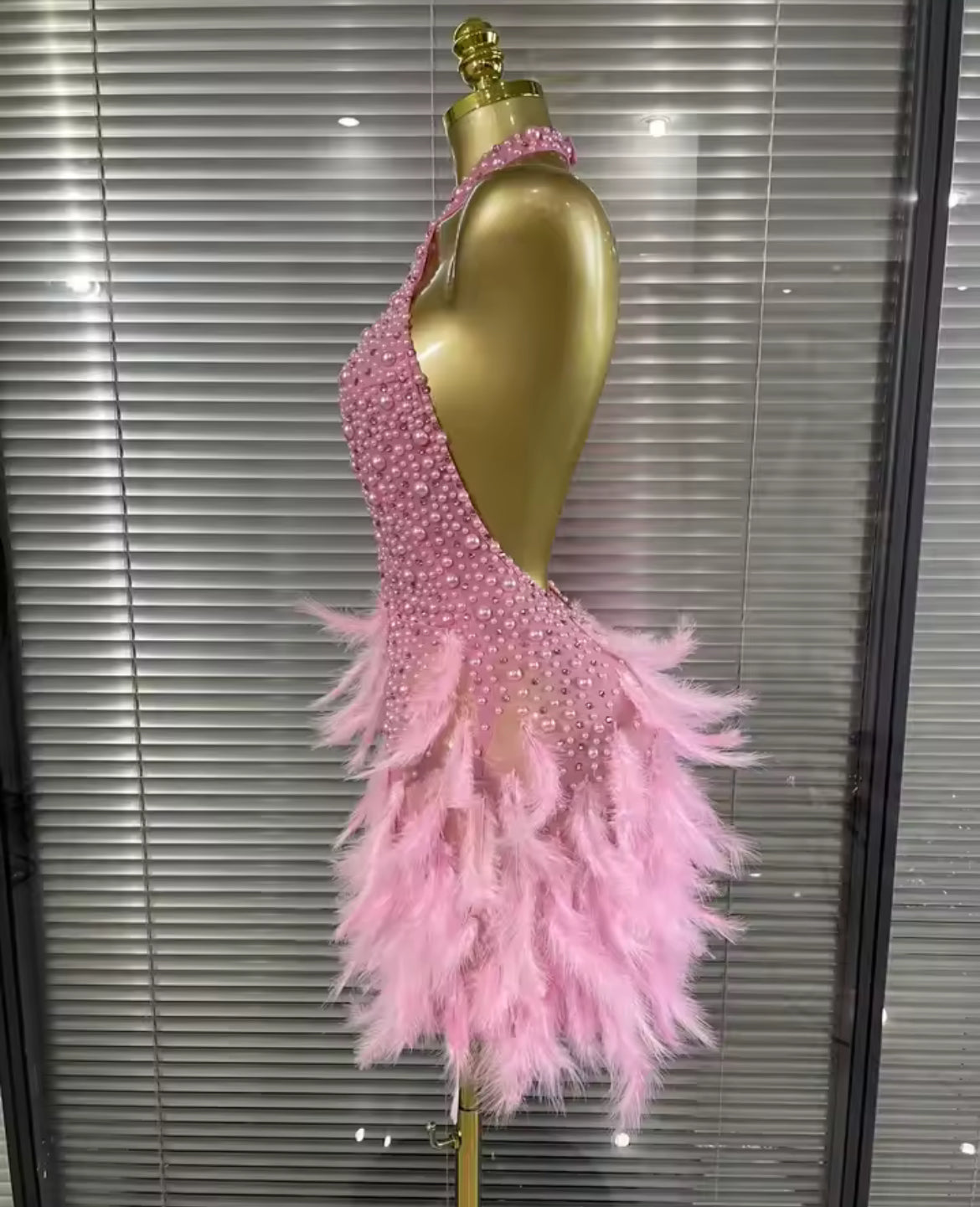 ‘JALOUX’ Pink Pearl Feather Mini Dress
