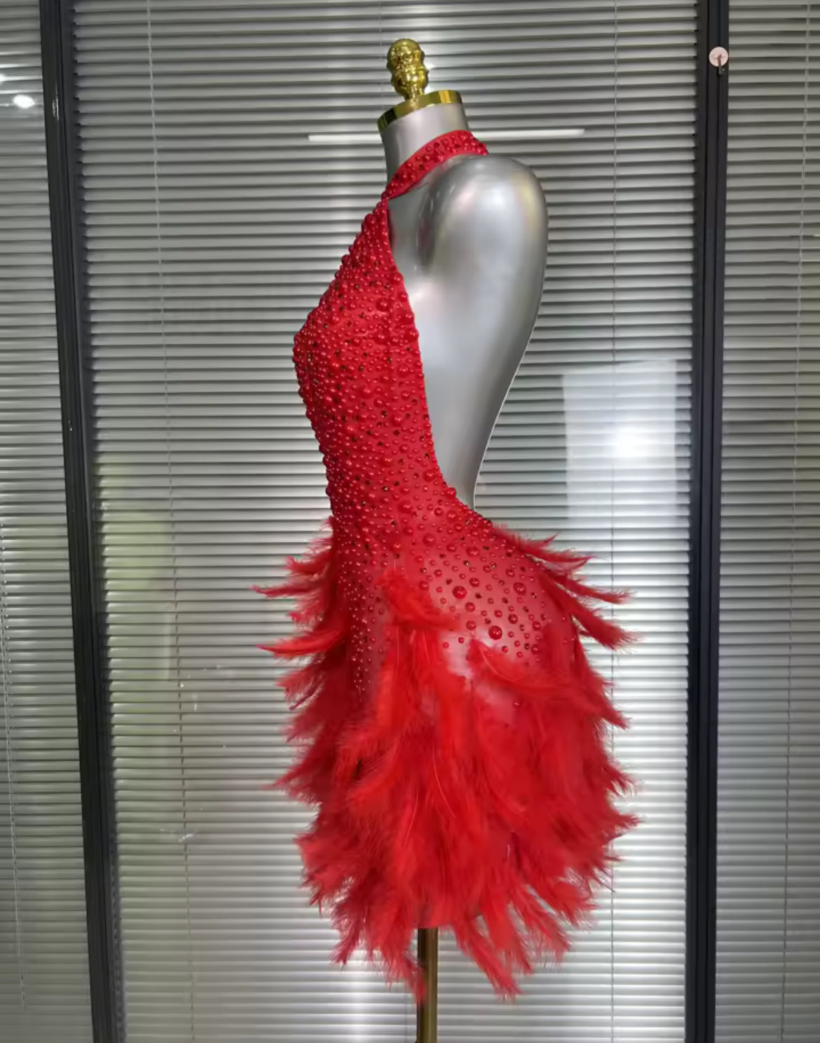 ‘JALOUX’ Red Pearl Feather Mini Dress