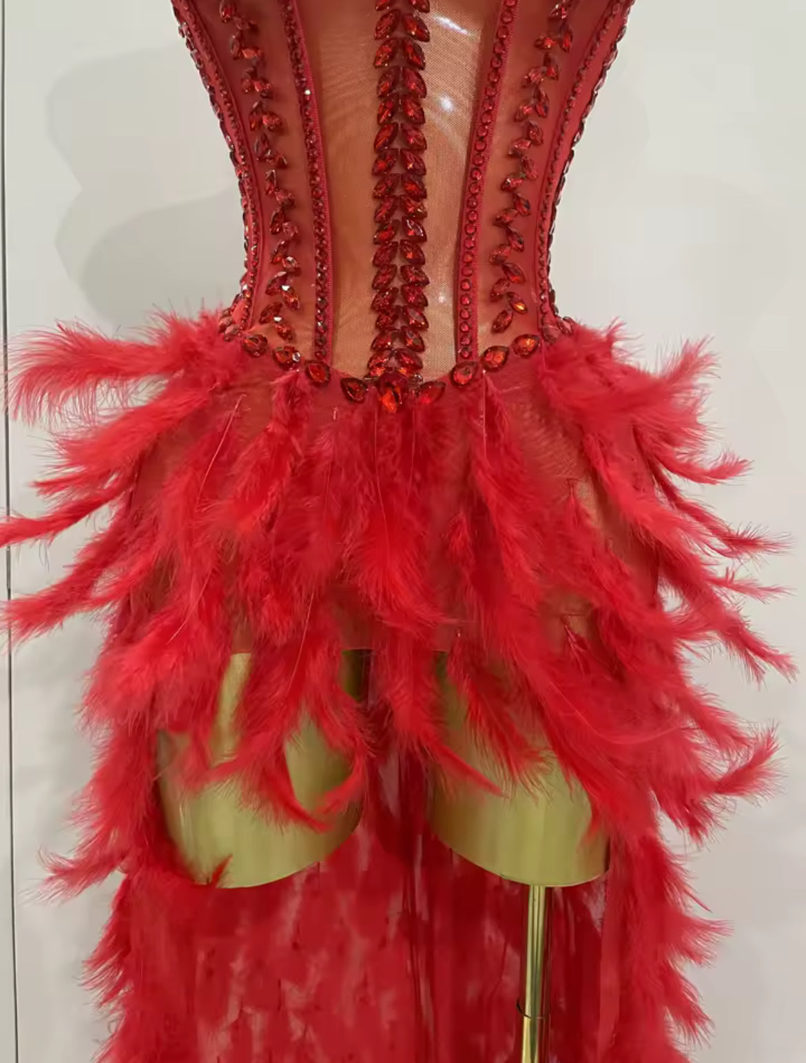 ‘ROMEE’ Red Diamanté Feather Maxi Dress