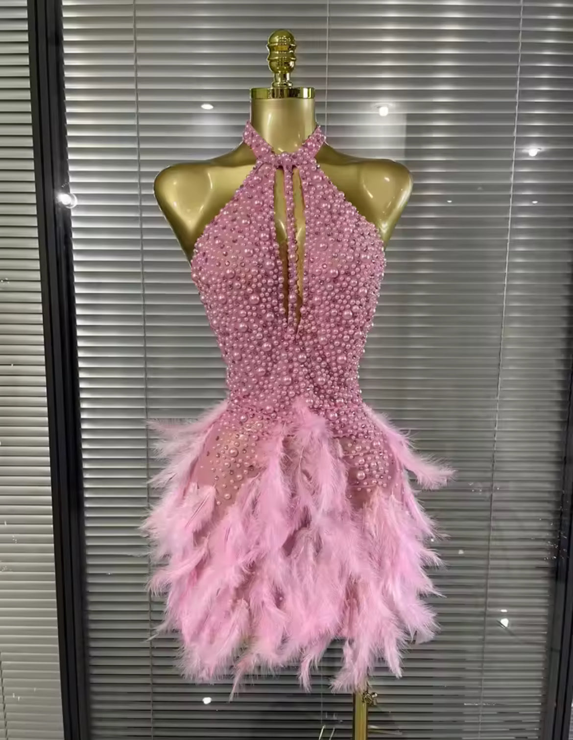 ‘JALOUX’ Pink Pearl Feather Mini Dress