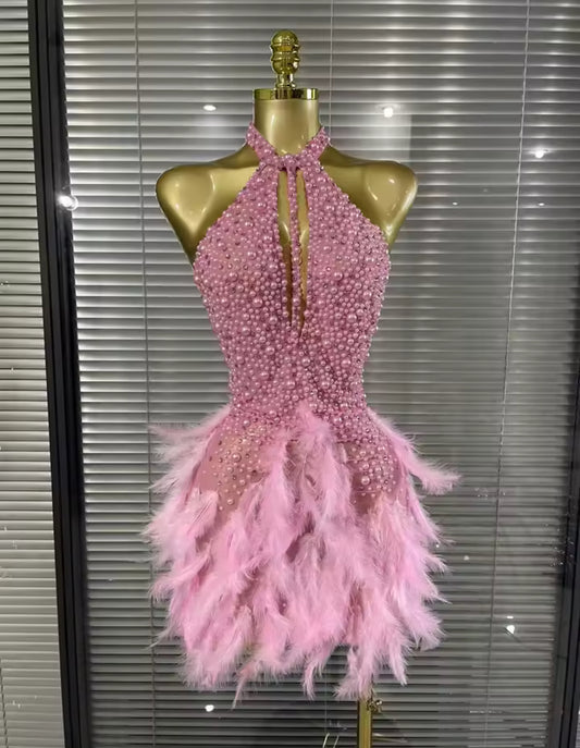 ‘JALOUX’ Pink Pearl Feather Mini Dress