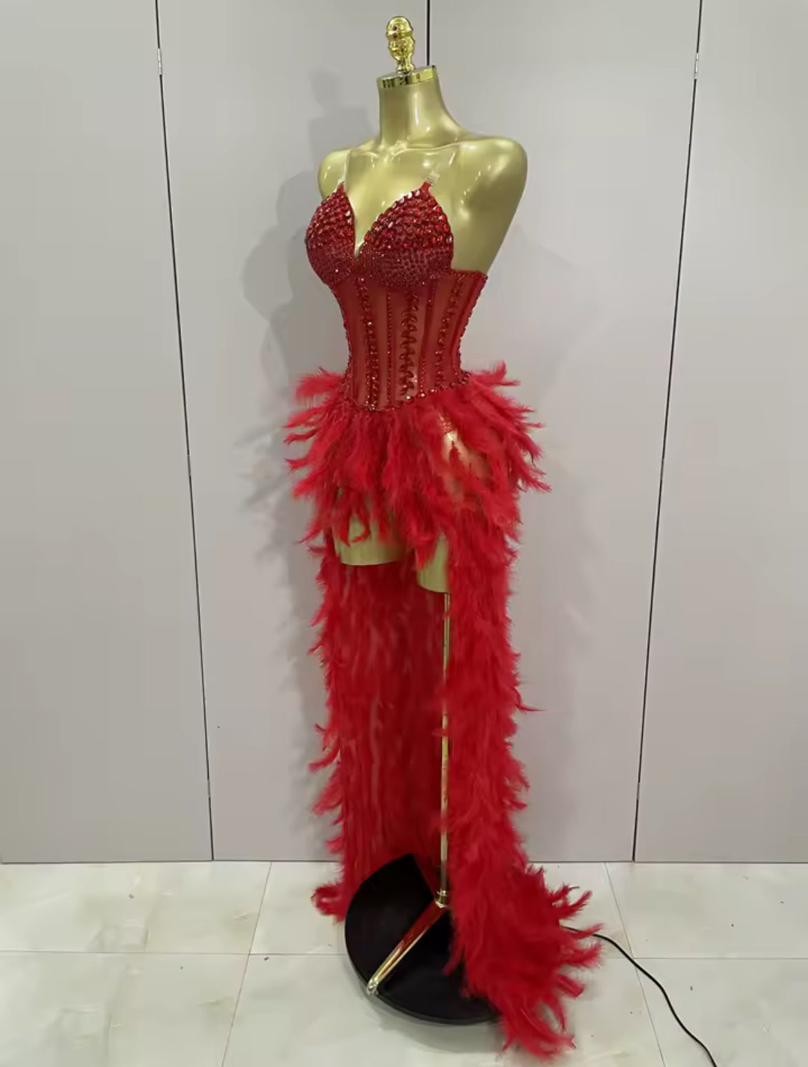 ‘ROMEE’ Red Diamanté Feather Maxi Dress
