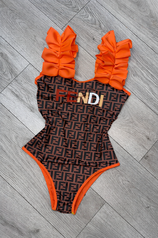 Orange FF Ruffle Swimsuit
